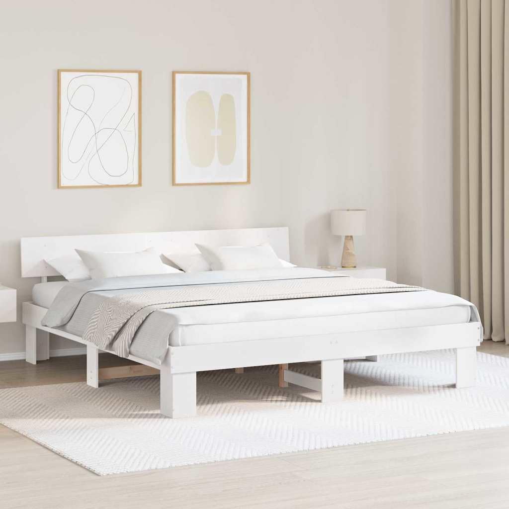YUTAASU Bettrahmen mit Kopfteil Weiß 200 x 200 cm Massives Kiefernholz | Stabile Kiefernkonstruktion, Fester Lattenrost, Modernes Design, Einfache Pflege