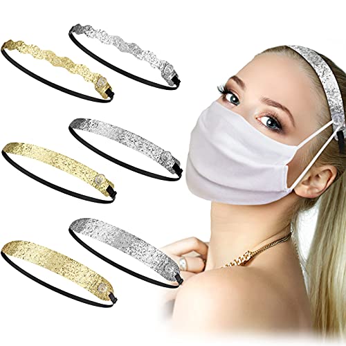 6 Pieces Adjustable Non Slip Glitter Headbands Elastic with Button Skinny Bling Glitter Headband Sports Yoga Workout Woman Girls and Teens