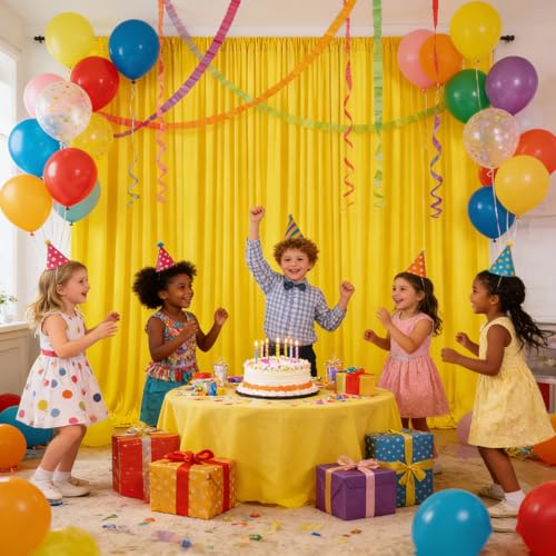 Image of 10ft x 10ft Yellow Backdrop Curtains for Parties, Polyester Fabric Backdrop Drapes with Rod Pockets for Weddings, Birthday, Photography, Mother's Day, Graduation Party Background Curtain, 2 Panels