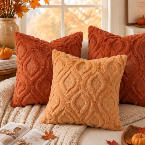 Image of decorUhome Fall Throw Pillow Covers 24x24 Inch Set of 2, Soft Plush Faux Wool Rust Solid Couch Pillow Covers, Accent Euro Sham Farmhouse Neutral Square Pillow Cases for Sofa Bed Living Room