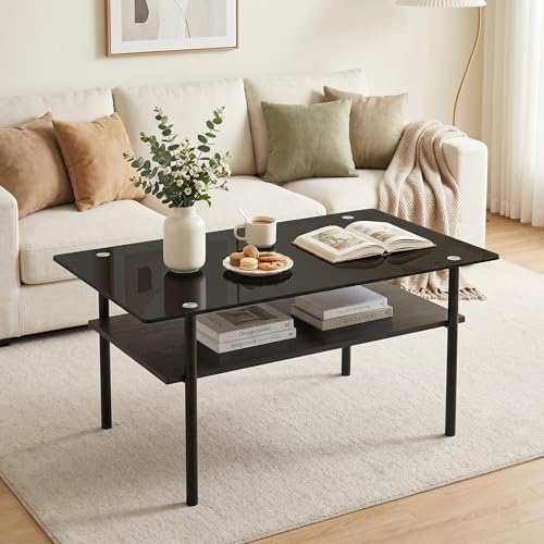 Image of 38.6 inch Glass Coffee Table for Living Room, 2-Tier Modern Black Center Table with Tempered Glass Top, Wood Shelf & Metal Legs,Small Accent Tea Table for Small Space, Apartment,Easy to Assemble