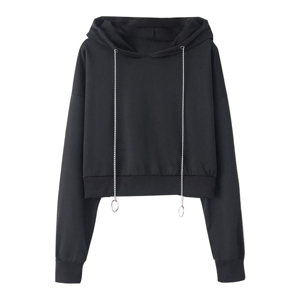 Cropped Hoodies With Chain Drawstring Women Plain Solid Hooded - Main Image
