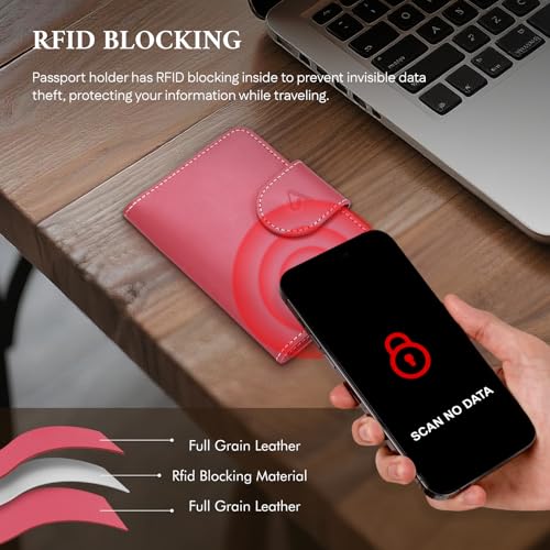 Image of ALLIVE Rfid Passport Holder for Travel Women, Rfid Passport Cover Wallet, Genuine Leather Passport Holder for Travel with AirTag Hidden, Airport Essentials, Travel Gifts (Rose Pink)