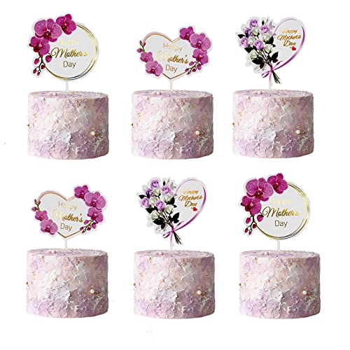 24PCS Happy Mothers' Day Cake Topper Set,Heart Round Butterfly Orchid Rose Flower Cupcake Picks, 3 Styles Cake Decoration for Birthday Mother's Day Party Favors Supplies