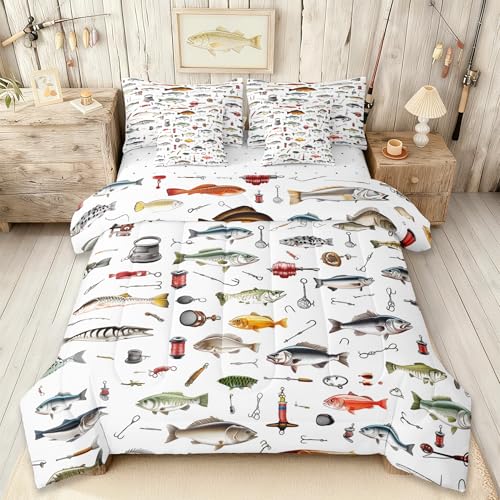 Homewish Fishing Full Comforter Set with Sheets for Boys Girls Bedroom Decor,Fishing Rod and Hook Print Bed in a Bag Soft Reversible Fish Pattern 7 Pieces Bedding Set Cozy Luxury Bass Fish Bed Set