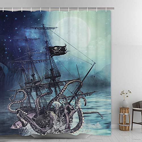 Octopus Shower Curtain Ocean Kraken Attack Nautical Pirate Ship Shower Curtain With 12 Hooks, Octopus Tentacles Sailboat Wave Mountain Under Moon Starry Sky Shower Curtain, Waterproof Durable #TOP1
