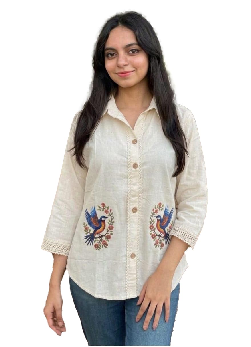 royalica Women's Floral Embroidered Shirt, Cream, Cotton, 3/4 Sleeves, Button-Down, Lace Trim Detail-picture-45
