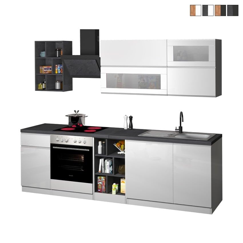 Cucina moderna completa design lineare 256cm componibile Unica - Bianco - Grigio