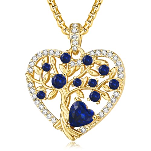14K Gold Plated Tree of Life Necklace for Women, Heart Jewelry with Birthstone Pendant,Anniversary Birthday Gifts for Her Wife Mom Grandma Daughter