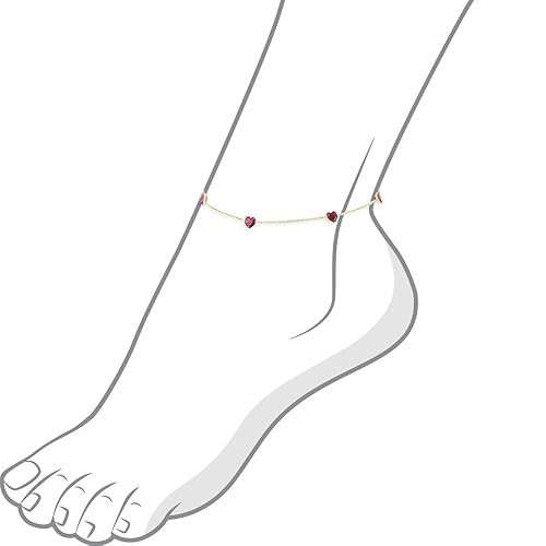 Miniatura 2 de 14K Yellow Gold Station Anklet With Ruby Red Heart Cubic Zirconia 9-11 Inch (11 Inches)