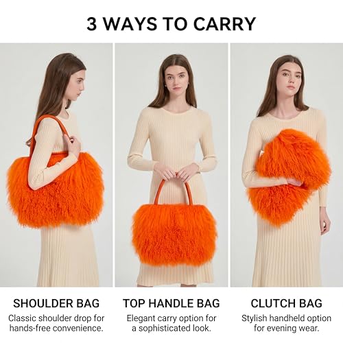 Image of Women Luxury Real Lamb /Mongolian Flush Wool Fur With Genuine Leather Handles Handbag