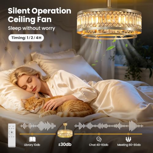 Image of 20 inch Gold Crystal Caged Ceiling Fan with Light, Modern Industrial Chandelier with Remote, 6 Speeds, Noiseless DC Motor, Enclosed Fandelier for Living Room Bedroom Nursery