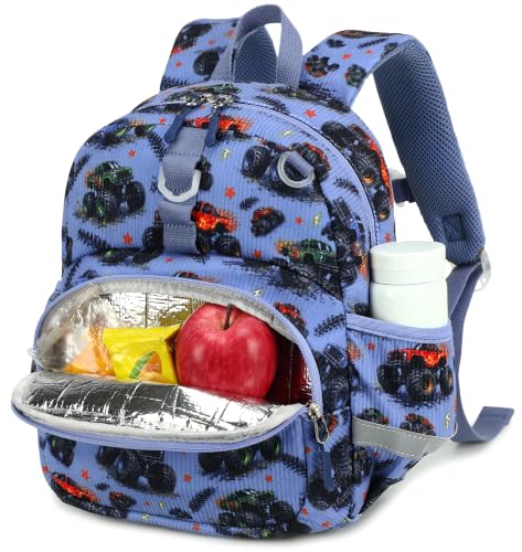 Image of LOIDOU Kids Backpack for Boys, 12 Inch Mini Bookbag with Insulated Pocket | Toddler Preschool Daycare Corduroy Small Travel Backpack with Chest Strap Ages 2-4, Blue Car