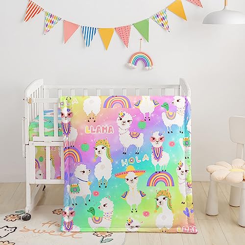 Image of Rainbow Alpaca Printed Nursery Crib Bedding Set, 3pcs with Comforter, Crib Sheet & Crib Skirt for Baby Boys and Girls