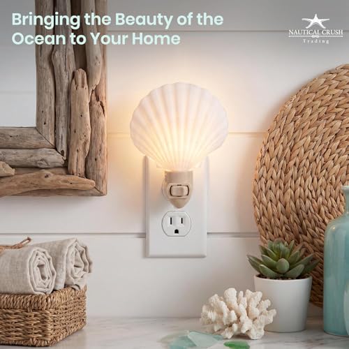 Image of Sea Shell Light - Seashell Night Light Plug in Manual - 5 pc White Clam Sea Shell Night Light Shell - Beach Night Light Plug in - Seashell Light - Bathroom Night Light - Nautical Nightlight Plug in