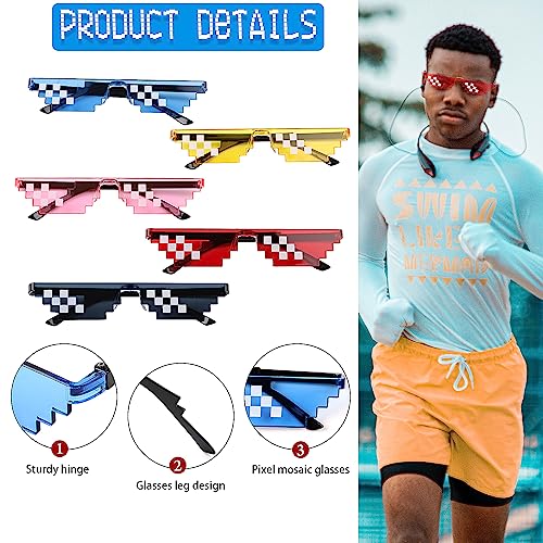 KIMOBER 10 Pack Sunglasses,5 Colors 8 Bits Pixelated Mosaic Gamer Glasses for Photo Props Party Favors4