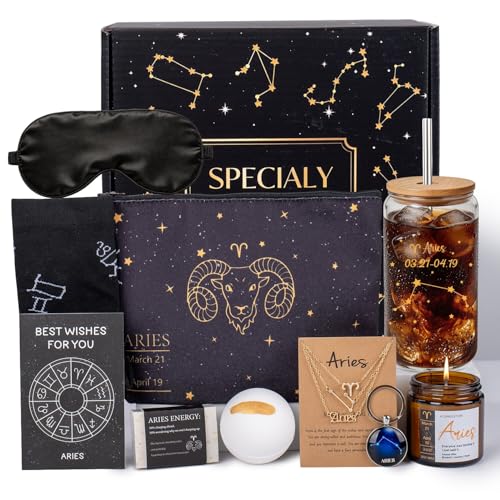 Soyminer 15Pcs Aries Gifts For Women Aries Birthday Gifts For Women With Necklace Glass Cup Greeting Card Astrology Self Care Package For Friend Girlfriend Sister Mom Daughter Zodiac Gift
