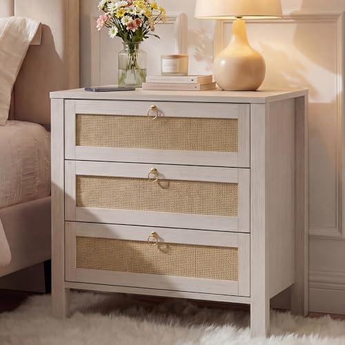 Aptliton Contemporary Rattan Bedside Table, White Wooden Nightstand with Wicker Accent, Premium Compact Storage for Modern Bedroom, Single Piece