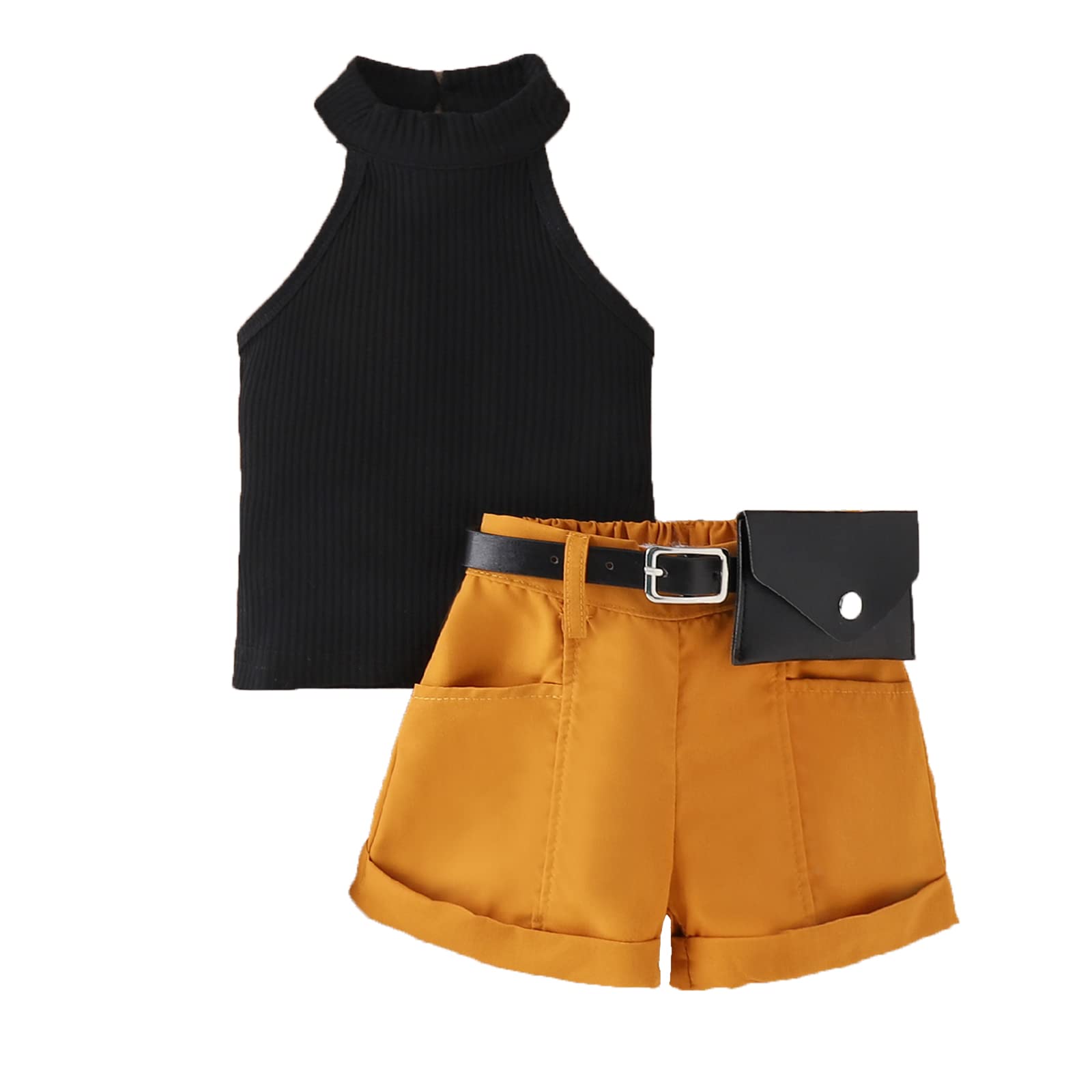 HZYKOKToddler Baby Girl Summer Clothes Sleeveless Ribbed Tops + Denim Shorts Set 2PCS Girls Casual Outfits with Belt