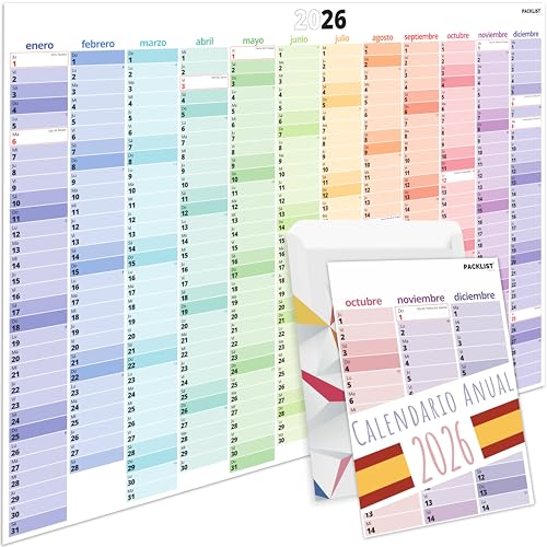 PACKLIST® Calendario Anual 2026 Pared XXL | Planificador Grande en Español con Festivos de España - DIN A1 84x60cm Papel cartulina 160 gr. – ¡Organización Imparable para Familia, Estudios y Trabajo!