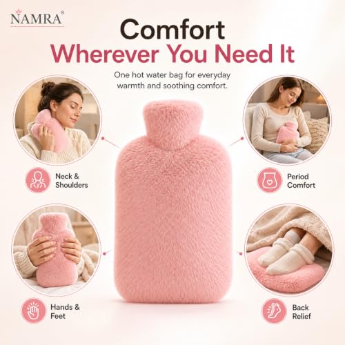 Image of NAMRA Hot Water Bag with Soft Cover 1000 ML | Hot Water Bags for Pain Relief,Period Cramps | Ideal for Neck,Hand Feet and Shoulder,Menstrual,Hot and Cold Compress (1000 Ml Pink)