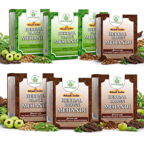 Image of Khadi Organic and Natural Brown Mehandi with Black Mehndi Combo Pack | Herbal Henna Hair Color | Long Lasting Natural Hair Dye | Grey Hair Coverage By Bhudeval Naturals | Suitable for All Hair Types- (Pack of 6)