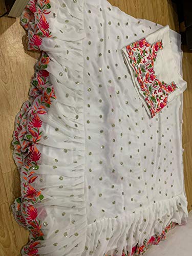 Image of JATRIQQ White Faux Georgette Embroidery Sequence Work Ruffle Saree