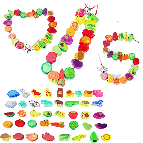 TLHWIN Juguete para enhebrar a los niños con cuentas de madera, 42 piezas Juguete para enhebrar actividades en edad preescolar, juguete educativo popular Montessori regalos para niños (WQ) Cover