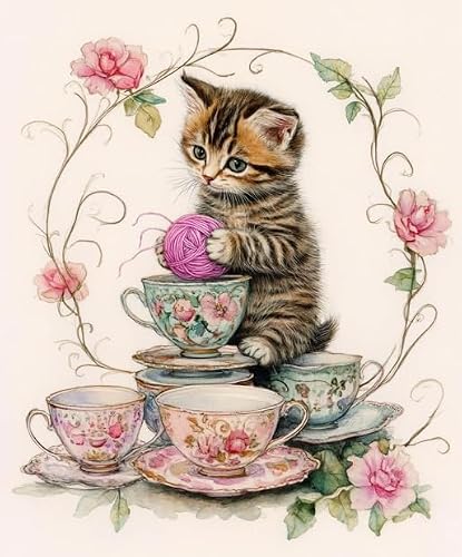 XFENDOUDOU 11CT Pre-Printed Cross Stitch Kits for Adults,Kitten Playing with a Ball of Yarn Stamped Embroidery Kits, Easy DIY Needlecraft Arts and Crafts for Beginners 50x70 cm