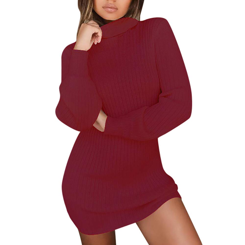 Jumper Dresses for Women Turtleneck Long Sleeve Chunky Sweater Warm Knitwear Ladies Irregular Thermal Pullover Top Long Slim Fit Polo Neck Sweatshirt Wine