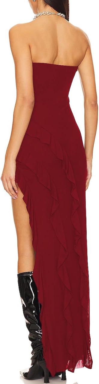 Capuffy Womens Tube Strapless Maxi Dress Irregular Ruffles Hem Cocktail Dress Off Shoulder Tassel High Slit Evening Gown 312 - Image 2