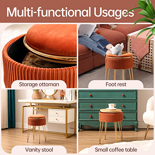 Durfii Round Storage Ottoman, Beige Velvet Vanity Stool With Metal Legs, Small Footrest Coffee Table With Round Trim, Stool For Vanity, (Pumpkin Brown) #TOP3