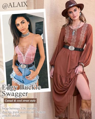 ALAIX Women's Black Leather Belt with Silver/Gold Buckle Western Jeans Y2K Punk Pants Belt Black and Silver Belts for Women3