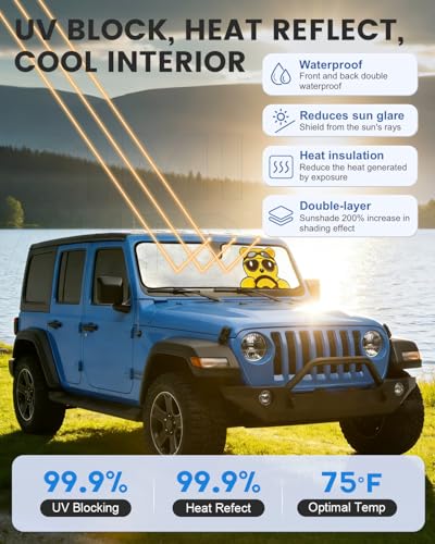 Image of Cute Bear Windshield Sun Shade for Jeep Wrangler TJ /LJ 1997-2006, JK 2007-2017,JL /JLU 2018-2025 & Gladiator JT 2020-2025 | Funny Foldable Front Window Sun Visor Cover UV Blocking Sunshade