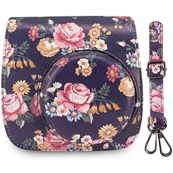 Elvam Classic Printed PU Leather Compact Case with Strap Compatible w Fugi Film Instax Mini 9/8/8+ Instant Film Camera (Vintage Purple Floral)