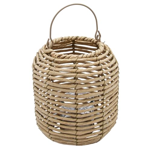 Portavelas de ratán natural con cristal para velas, 23 x 19 cm, farol de rafia con asa para colgar, farolillo de mesa de mimbre boho chic decorativo, portavelas para interior y exterior con asa