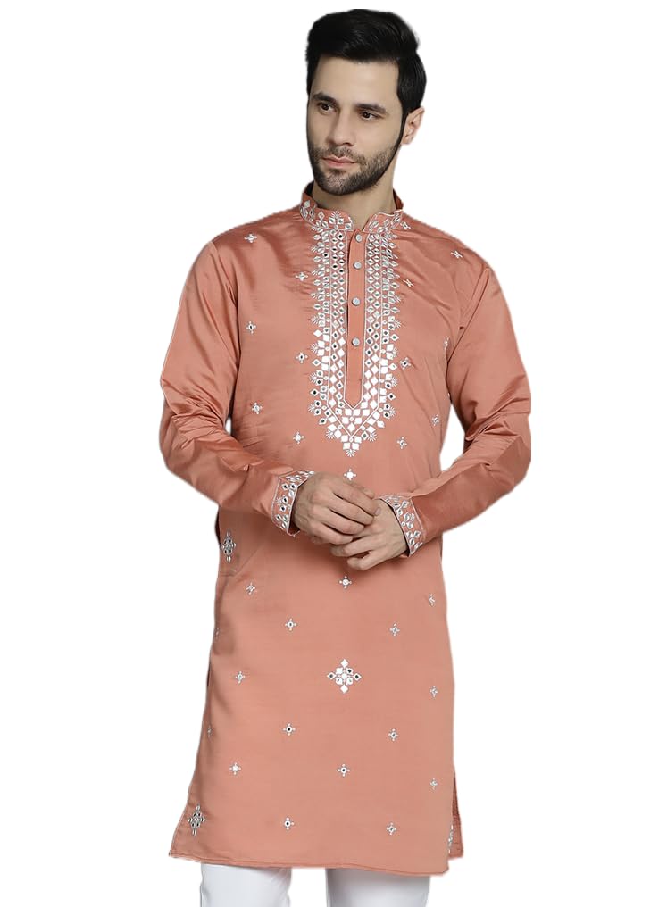 Jompers Men's Peach Embroidered Kurtas (Peach, S)