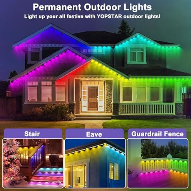 Smart Permanent Outdoor Lights, IP67 Waterproof RGBIC Eaves Lights with App/Remote Control, 100 Scene Modes, Alexa & Google Assistant Compatible, Roof and Garden Lighting for Daily and Holiday Decor