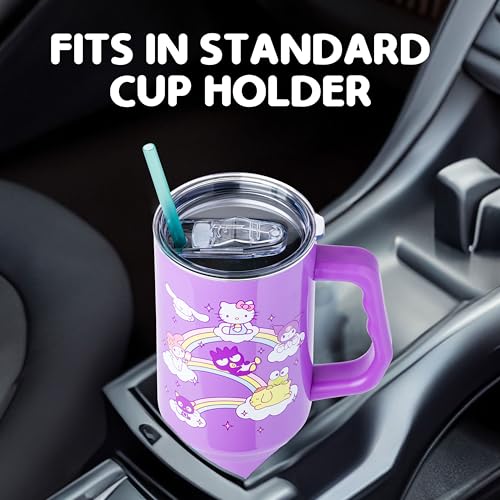 Image of Silver Buffalo Sanrio Hello Kitty and Friends Featuring My Melody, Cinnamoroll, Kuromi, Chococat, Badtz-Maru, Keroppi, and Pompompurin Double Walled Stainless Steel Tumbler with Handle, 40 Ounces