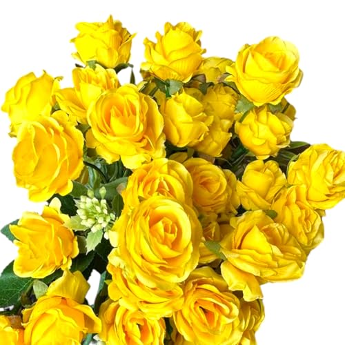 Image of Garden Art Artificial Small Rose Flower Bunch (Pack of 1) | 5 Heads with 15 Flowers & Buds, 35 cm Faux Rose Bouquet for Home Decor, Wedding & Table Decoration (Yellow)