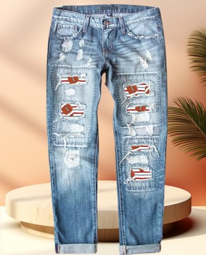 Skinny Ripped Jeans for Women Mid-Rise Stretch Denim with Destroyed Holes & Retro Plaid Patch Comfortable Touch4