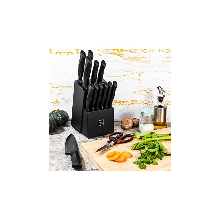 Knife Sets for Kitchen with Block, HUNTER.DUAL 15 Pcs Kitchen Knife Set with Block Self Sharpening, Dishwasher Safe, Anti-slip Handle, Black