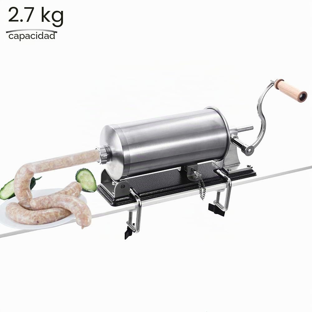 Embutidora de salchichas - Máquina de cocina de llenado de carne horizontal, para embutido casero, de acero inoxidable, 8 tubos de relleno (6 lb/3,5 l horizontal)