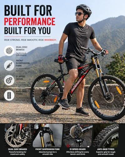 Image of RIDERBOY Double Crown Suspension 26T | 21 Gear Cycle for Men | Strong Steel Frame & Dual Disc Brakes with Mega Hub | MTB Bicycle for Off-Road & City Riding Ideal for 13+ Yrs - Black
