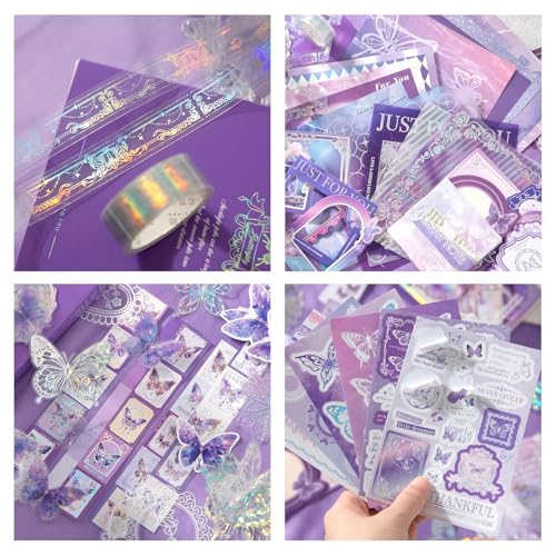 Image of VIBE VISTA Vintage Aesthetic Scrapbook Kit,346 Pcs,A6 Grid Notebook,Washi ,Envelopes,Scrapbook Papers,Folding Labels,Background Papers,Photo Frames,Calendar Stickers,Stickers (Dreamland,Purple)