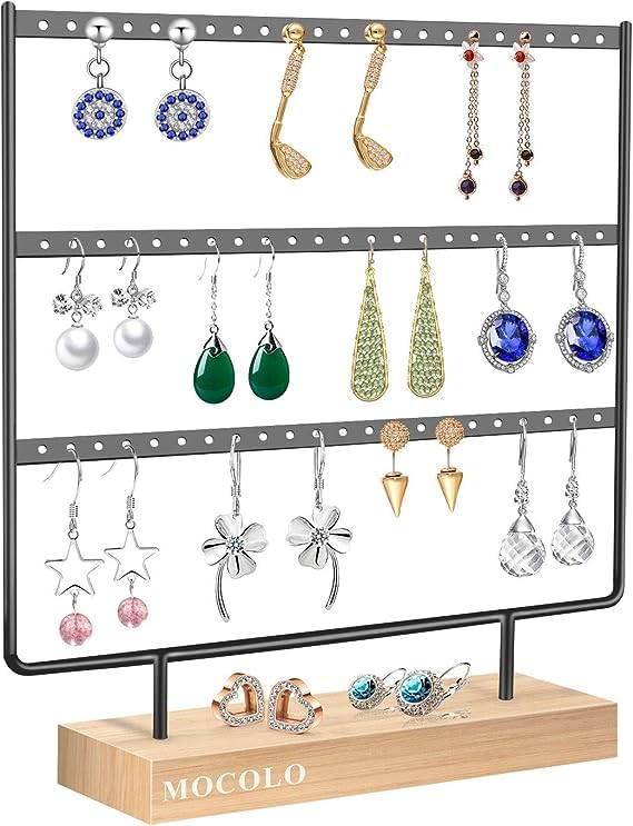 Image of Wooden Earring Stand Black Metal Chrome Finished Wooden Jewellery Display Stand