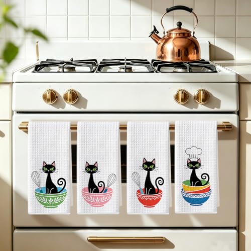 Image of 4 Pcs Cute Cat Kitchen Towels 24x14 Inch, Cats Gifts Reusable Dish Towels for Kitchen Bathroom Home Decor, Waffle Weave Absorbent Hand Cloth Tea Towel, Cat Lover Gifts for Women Mom Friend