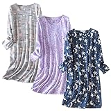 PNAEONG 3 Pack Women's Nightgown, Long Sleeve Sleep Shirts Comfy Soft Nightshirt Women Pajama Sleep Dress Cotton Sleepwear, Coffee+Purple+Deep Night-L