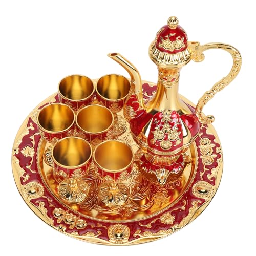 Turkish Coffee Pot Set, Zinc Alloy Vintage Teapot Tea Service Set with Tray and 6 Cups, Wine Decanter and Glasses for Party Gathering Wedding Dinner (Gold Red)