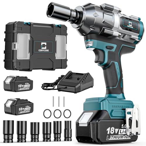 Cerycose Cordless Impact Wrench 1/2 inch for Makita Battery, 900Ft-lbs Brushless High Torque Impact Gun with 2x5.0AH Battery ﻿